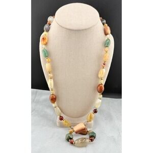 Vintage Beggars Bead Necklace Yellow Green Brown Polished Stone Gold Tone